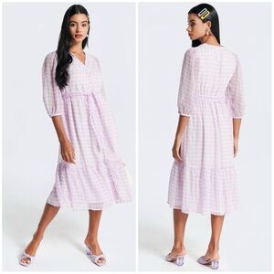 Max Lavender Gingham Sheer Midi Dress Balloon‎ Sleeve Lined Button Front US 4